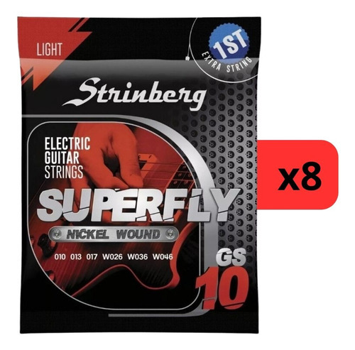 Kit 8 Encordoamento Strinberg Para Guitarra Gs10 - 6 Cordas