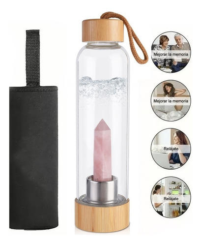 Botella Piedra Agua Energéticos Con Cristal Tapa De Bambú
