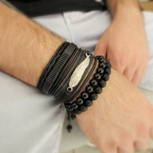 Kit 04 Pulseiras Masculinas Pretas Couro E Pedra Natural