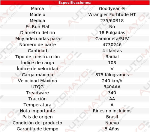 Pack 4 Llantas Wrangler Fortitude Ht Goodyear 235/60r18 103v