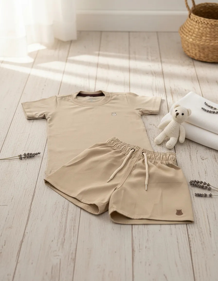 Conjunto Liso Infantil Para Meninos Camisa + Short Tactel Cor Bege Tamanho G (3-4 Anos)