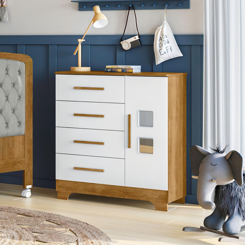 Cômoda 4 Gavetas 1 Porta Fly 100% Mdf Branco/madeirado Ypê