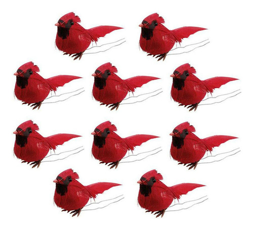 10 Pájaros Cardenales Rojos Artificiales Con Clip Navideño 