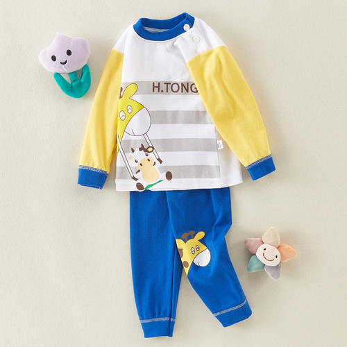 2 Piezas Traje Infantil De Algodón De Manga Larga Estampado Amarillo Huella Animal 9-12 Meses