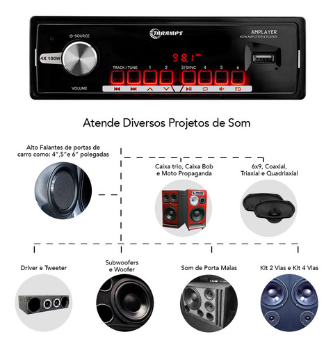 Taramps Radio Player Mp3 Amplayer Bluetooth Usb 4x100w 400w