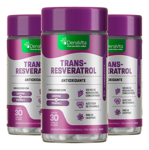 Kit 3x Trans Resveratrol +  Licopeno + Vitamina C - Denavita
