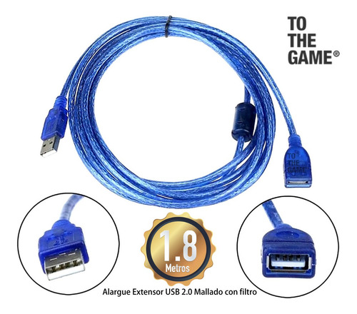 Imagen 2 de 4 de Cable Usb Extensión 1.8 Metros Mallado Con Filtro Alargador