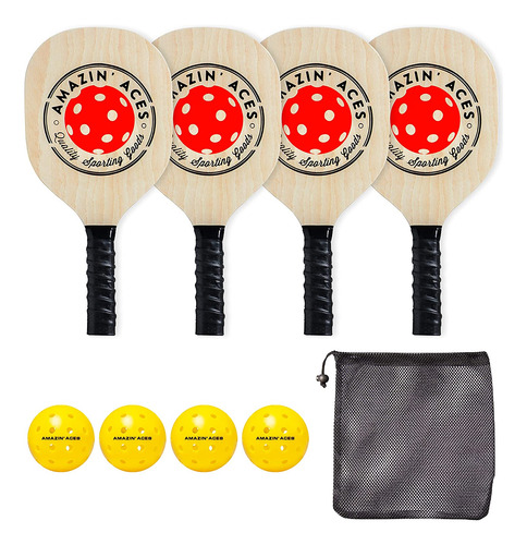 Amazin 'aces Pickleball Wood 4-paddle Set - El Juego De Pale