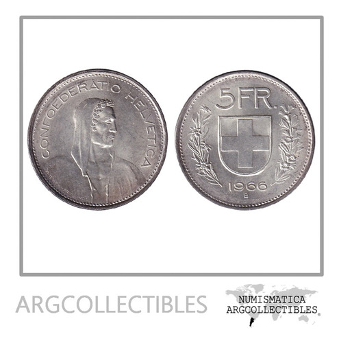Suiza Moneda 5 Francos 1966 B Plata 835 Km-40 Unc