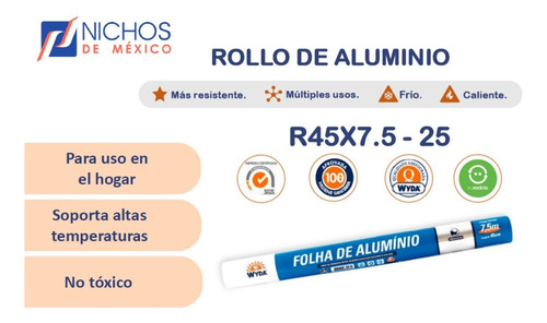 Papel Aluminio Wyda Rollo 45cm X 7.5m -10 Pzas