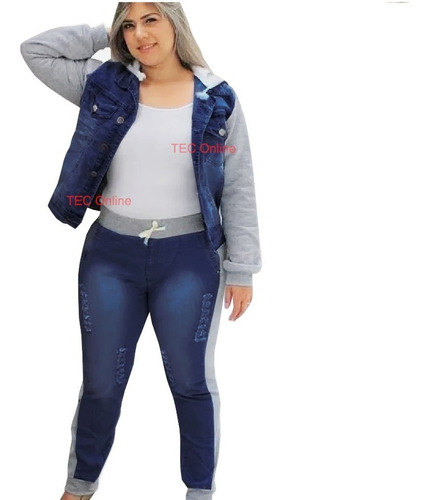 Imagem 1 de 4 de Conjunto Calça Jeans Com Moletom E Jaqueta Capuz Plus Size
