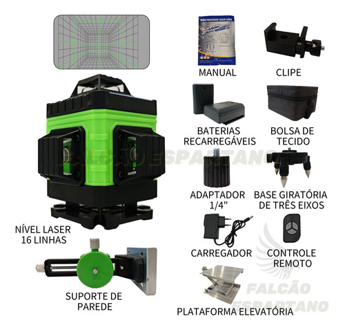 Nível Laser 16 Linhas 4d 360° Com 2 Baterias+ Controle+ Base
