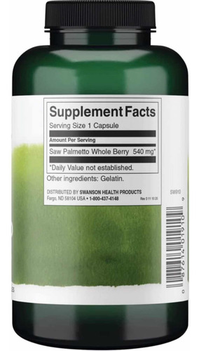 Imagen 2 de 2 de Saw Palmetto 540mg 250 Cápsulas Swanson Usa Prostata