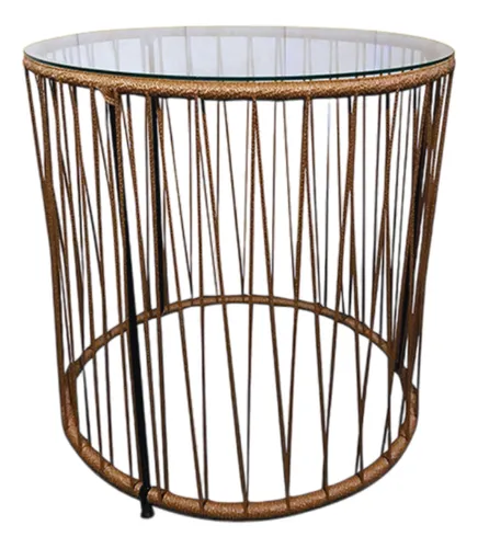 comprar Mesa Mesita Tambor Hierro Simil Yute Con Vidrio 50cm