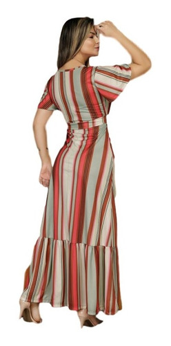 Imagem 6 de 9 de Vestido Longo Listrado Decote Transpassado C/ Faixa Feminino
