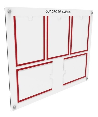 Quadro De Aviso Gestão C/ 5 Displays Acrílico P/ A4 Vermelho