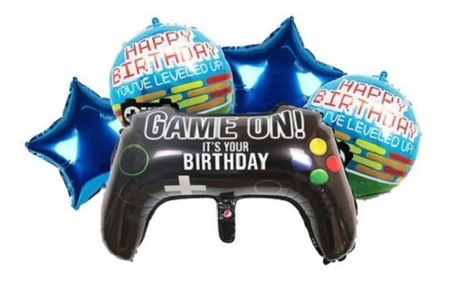 Imagen 1 de 2 de Set 5 Globos Metalizado Joystick Gamer Feliz Cumple Happy