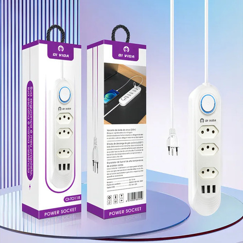 Extensão Elétrica 3 Tomadas Régua Bivolt C/3 Usb Cabo 1.8m