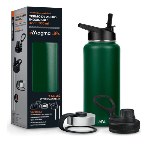 Termo Para Café Y Agua 3 Tapas Acero Inoxidable 32 Oz 950 Ml Color Verde claro