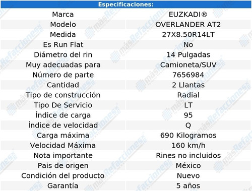 Par De Llantas 27x8.50r14lt 95q Euzkadi Overlander At2
