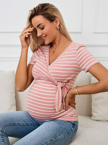 Blusa Camiseta De Maternidad Y Lactancia Rosa Rayas Algodón
