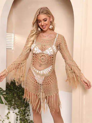 Vestidos De Verano Para Mujer Playa Ropa De Moda Tunica Con Flecos Tejidos