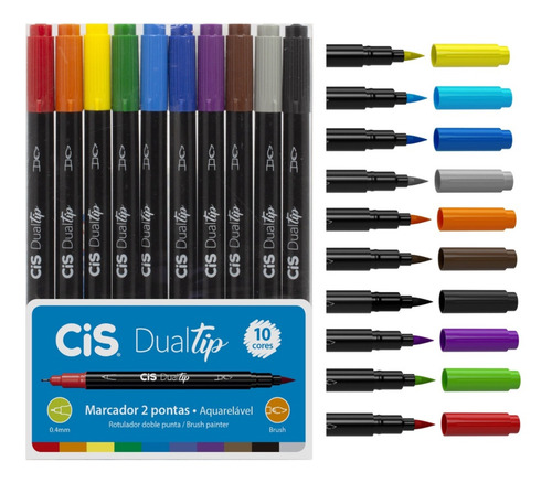 Kit Caneta Brush Cis Dualtip Aquarelável 10 Cores
