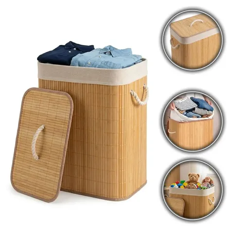 Cesto Bambu T&E Bege 40x30x50cm Com Tampa Para Roupas Sujas 60L