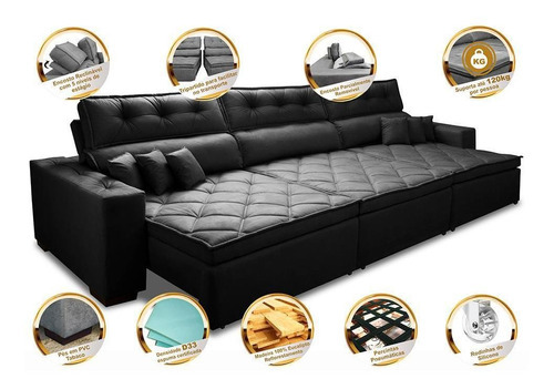 Sofá Retrátil e Reclinável 4,12m Austin com Molas no Assento Suede Velusoft Preto Cama inBox