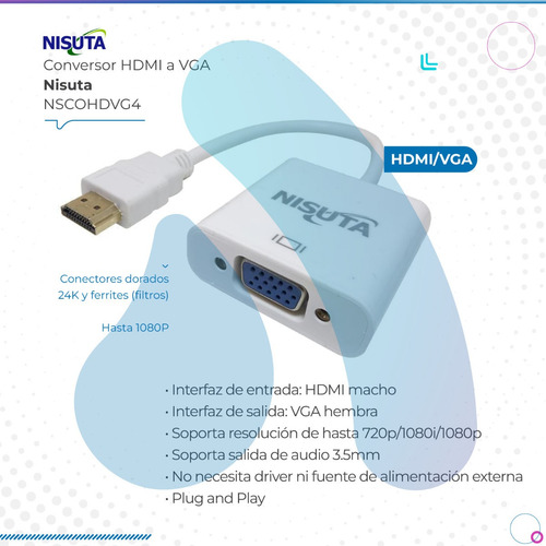 Imagen 2 de 8 de Conversor Nisuta Hdmi A Vga Con Audio Alimentación Nscohdvg4