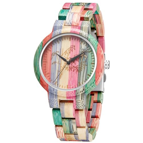 Reloj De Madera Colorido Para Mujer Con Patrón De Bambú Grab