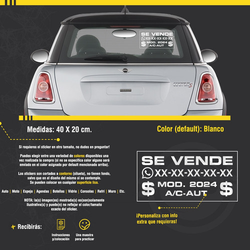 Vinil Sticker Calcomanía Auto | Letrero Se Vende Auto V2