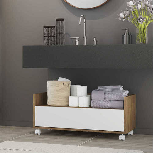 Balcão Gabinete Banheiro Com Rodízios 80cm Multimóveis V2608 Cor Rustic/Branco