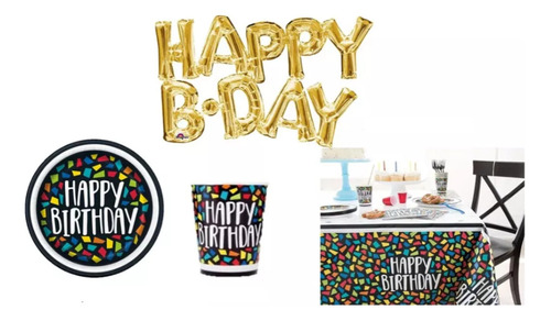 Kit Fiesta Vaso Mantel Plato Globos Happy Birthday Cumpleaño