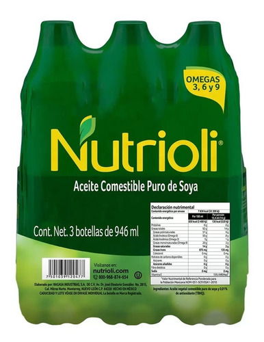 Aceite Puro De Soya Nutrioli 3 Botellas De 946 Ml C/u