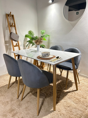 Juego Comedor Mesa Bulnes Neolith 140cm + 4 Thea Nordicas Gris Oscuro Pana