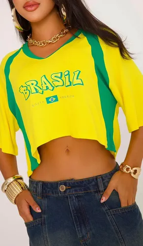 Cropped Feminino Blusa Oversized Brasil Copa Tshirt Estilosa