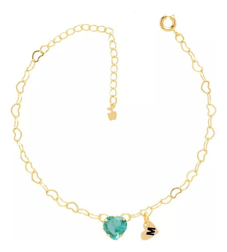Pulseira Coração Verde Madrinha E Inicial Folheada Comprimento 17 Cm Diâmetro 17 Cm