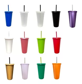 10 Vasos Reusables Con Tapa Y Popote 24oz De Colores