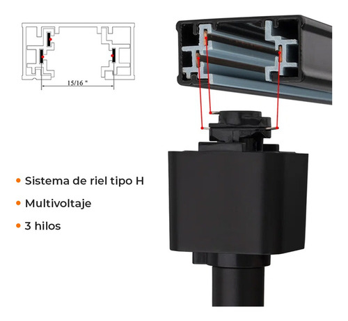 Riel Negro 2 Dos Metros Lampara Techo Tecnolite Ys-200/n