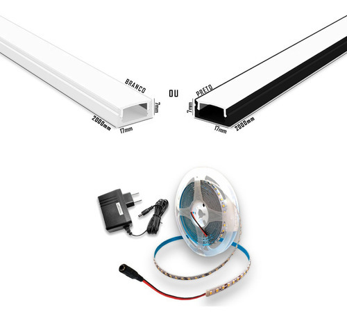 Kit Perfil Sobrepor Slim Aluminio 2m Com Fita 240led E Fonte Cor da luz Branco Branco-neutro Tensão de operação 12V 110V/220V