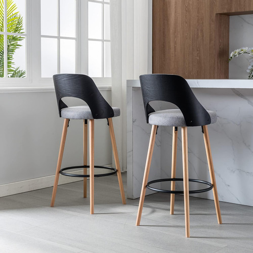 Sillas De Bar De Madera Con Asiento De Tela Gris, Respaldo D