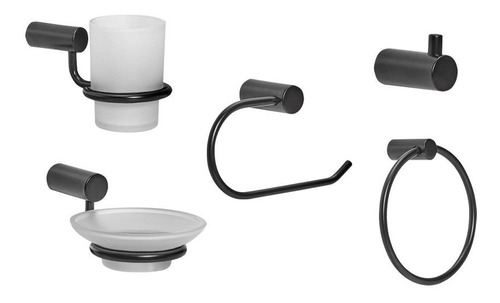 Set De Baño Metalico Negro Mate 5 Accesorios Modernos Gloa