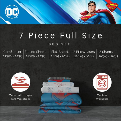 Conjunto Ropa De Cama Superman Franco 7 Piezas Microfibra