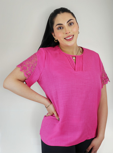 Blusa Con Mangas De Guipiure Escote V En Alforsas Comoda