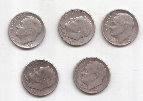 5 Monedas De Plata 900 De 1 Dime Años 1947 52 54 58 Y 61 (Usado)