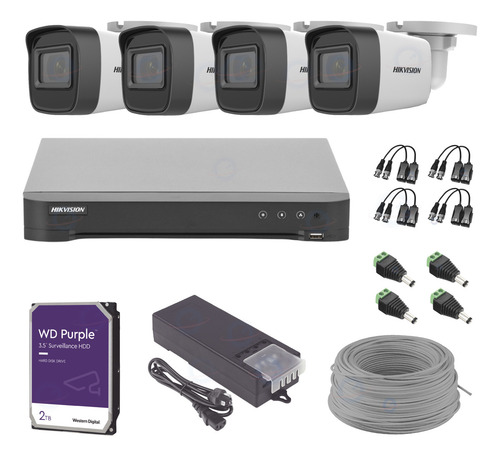 Kit 4 Camaras Hikvision 5 Mpx Dvr 12 Ch 5mp Disco 2tb Purple Color Blanco