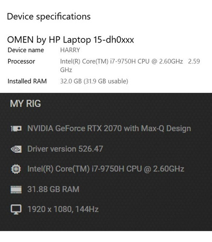 Laptop Omen Hp + I7 9750h + 32gb Ram + Rtx 2070 + 512 Ssd (Usado)