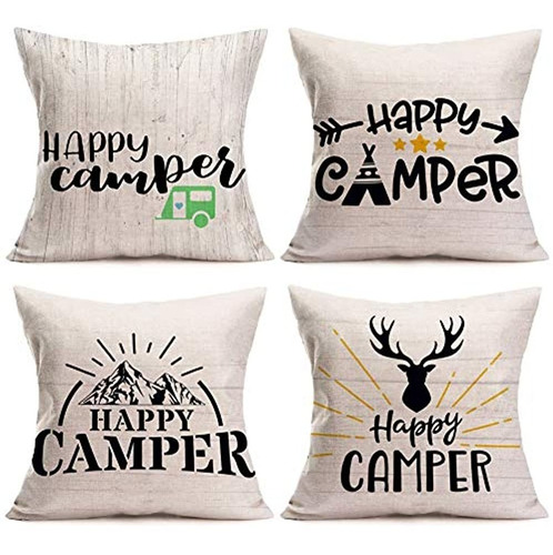 Aremazing Black White Happy Camper Throw Pillow Cover Algodó