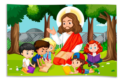 Painel Em Lona Jesus Com As Crianças 150cm X 100cm Decoração